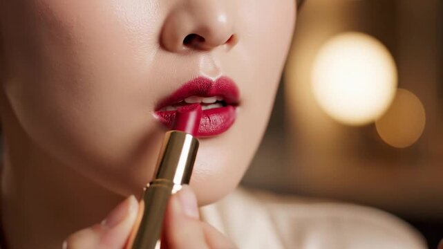 Close up of a woman applying lipstick with a blurred background emphasizing beauty and makeup application for fashion and cosmetics marketing