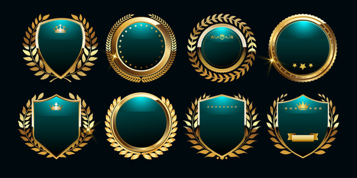 Luxury Green and Gold Shield Badge Collection with Laurel Wreath and Crown Premium Vector Emblem Set