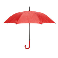 Red umbrella with rain droplets isolated on white background in high contrast photography