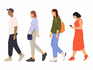 Obraz premium Four diverse individuals walking in a row depicted in a simplified flat illustration style