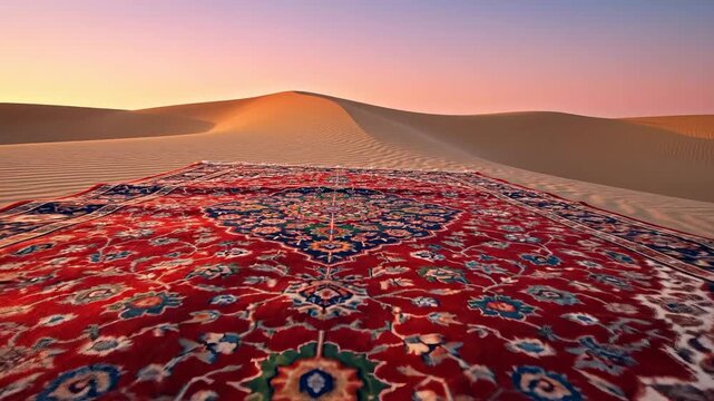 Flying Magic Carpet with Ornate Persian Design Gliding Over Rippled Sand Dunes at Sunset