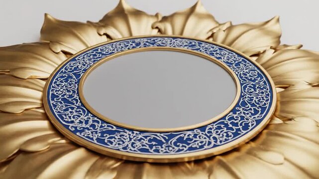 Exquisite golden sunburst mirror with intricate blue and white floral patterned frame, elegant home