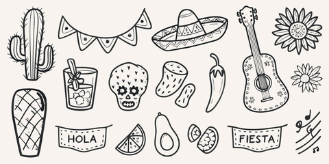 A collection of hand drawn mexican themed elements and festive illustrations © Shahabuddin