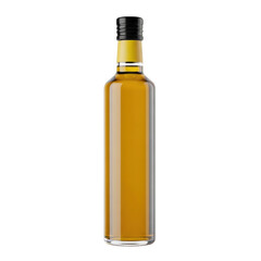A tall glass bottle filled with amber liquid and a black cap on a white background.