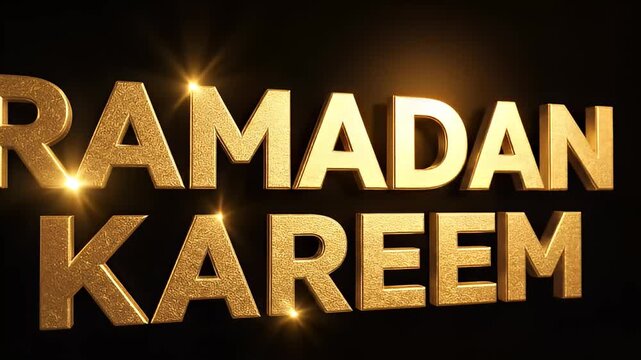 Golden 3D Text 'Ramadan Kareem' Glowing on Black Background, Elegant Islamic Greeting for Festive