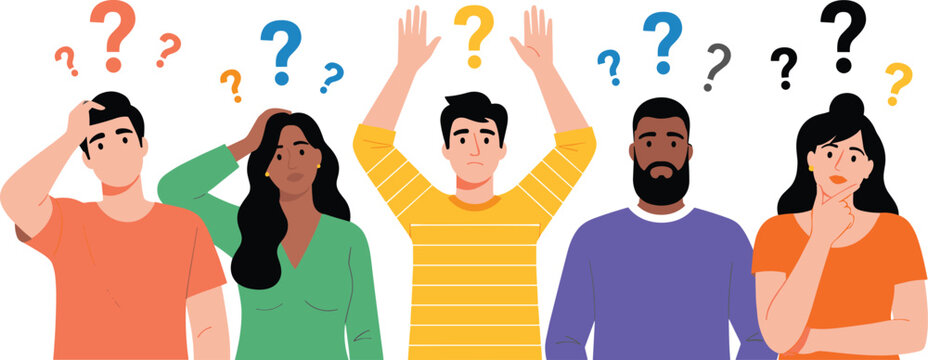 Diverse people group feeling confused with question marks, men and women thinking, searching for answers, solving problems, and making decisions together.