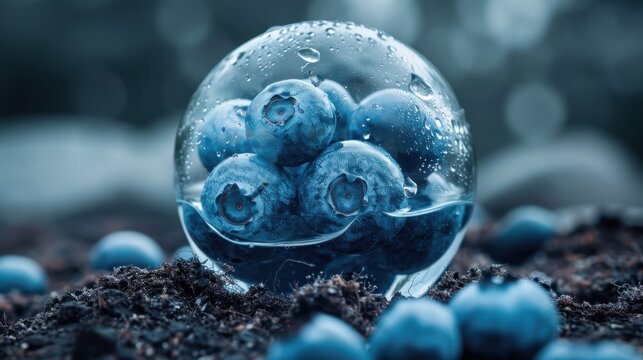 Extreme macro of a fresh blueberry captured inside a crystal-clear water drop. Symbol of purity, hydration, natural antioxidants and healthy nutrition. Fresh organic superfood concept.