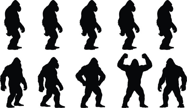 Bigfoot silhouettes in various poses sasquatch black white background