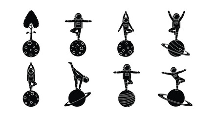 Astronauts practicing yoga poses on celestial bodies in a graphic design © MdNirob