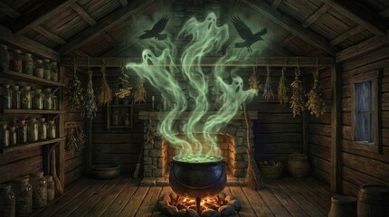 Naklejka premium Witch's cabin brewing potion creating magical ghosts