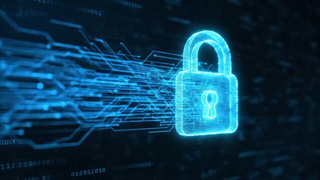 A futuristic digital padlock symbolizing security and protection amidst flowing blue circuit lines and data streams