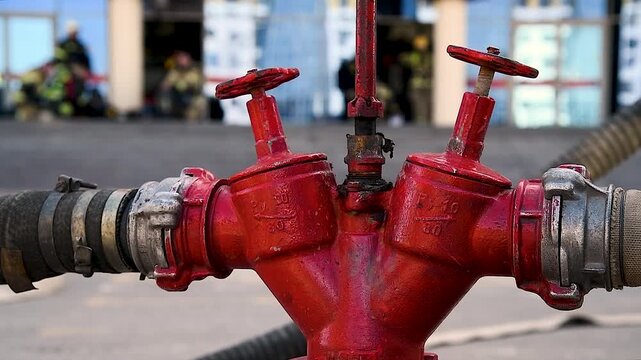 Red fire hydrant with connected hoses against the background of working firefighters