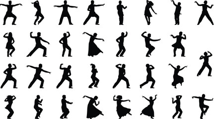 Black silhouettes of people dancing in various poses dance