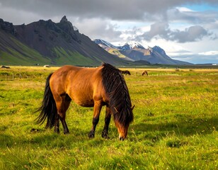 Icelandic Horse Grazing in a Lush Green Meadow with Mountain Backdrop.
