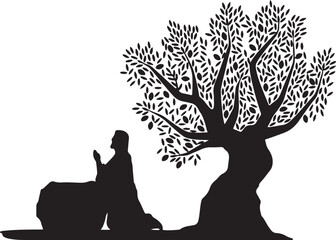 Silhouette of Jesus Christ Praying in the Garden of Gethsemane under an Olive Tree © Masud Rana
