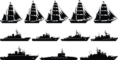Set of Black Naval Vessel Silhouettes Including Sailing Ships Warships and Submarine Isolated on White Background for Maritime Transport and Navy History Concept © Sahidul