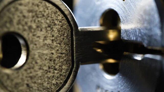 Macro close-up of a metal key inserted into a cylinder door lock, shallow depth of field, security concept, dark background.