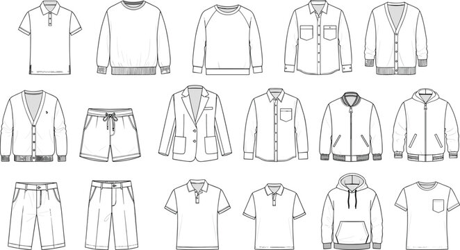 Men's clothing technical sketches set featuring shirts, hoodies, jackets, trousers, and shorts flat vector templates for apparel design and tech packs.
