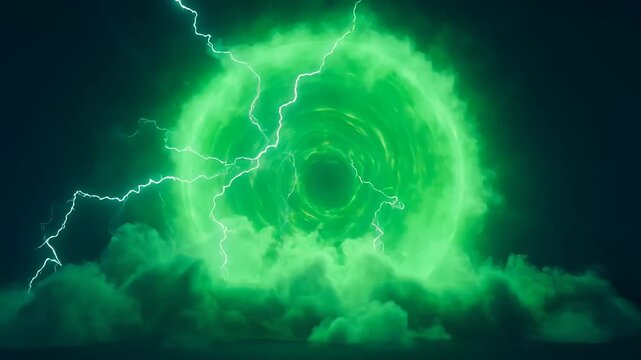 Dramatic green energy portal with lightning strikes and cloud effects background