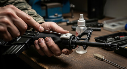 Soldier's Hands Cleaning a Rifle