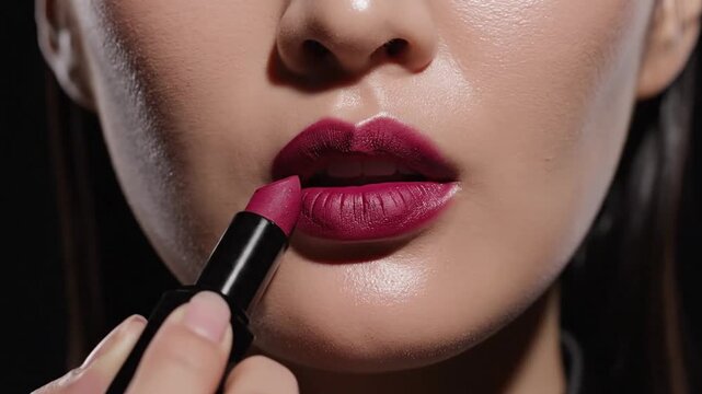Close up of woman applying deep red lipstick with focus on lips and makeup application process