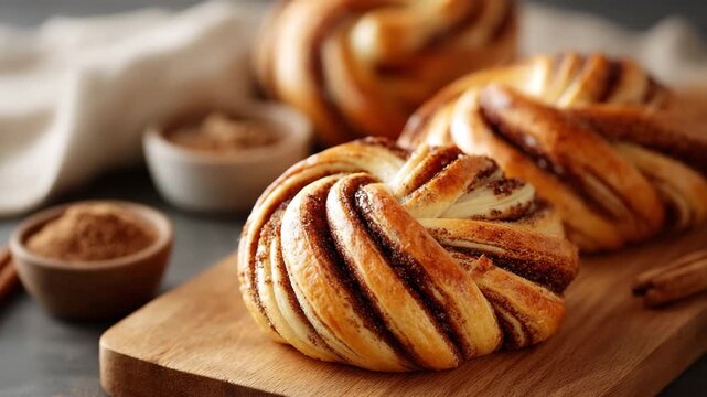 Freshly baked cinnamon buns on wooden board with warm rustic atmosphere. Cinnamon Roll Twists for Weekend Baking. concept of homemade baked pastry delight