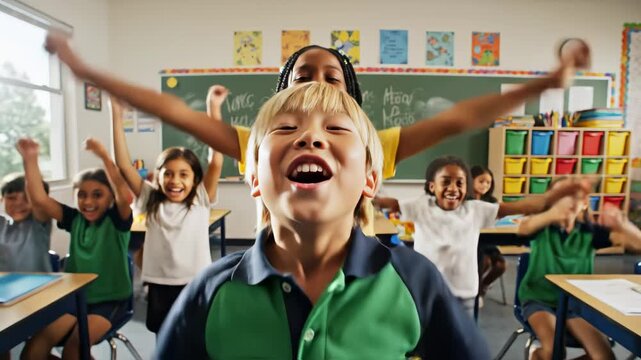 Children raising hands in classroom