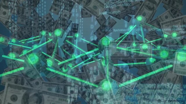 Animation starting glowing network pulsing and rewiring while dollars drifting showing money flow