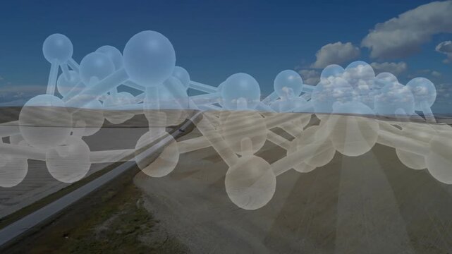 On play, molecular 3D structure shifting downward, drifting forward, revealing rails, adding depth