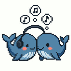 Obraz premium Two cute pixel art whales listening to music together