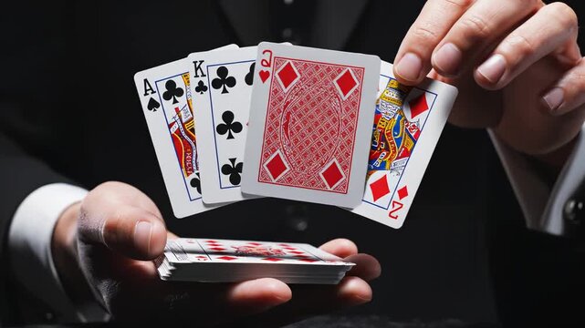 Person holding playing cards in suit