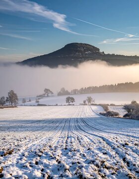 Winters Embrace - Roseberry Topping Peak Emerging from Misty Landscape.