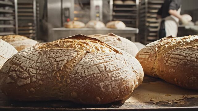 Freshly baked artisan bread in a bakery
