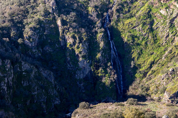Narrow Waterfall on Vertical Rock Wall Natural Background
