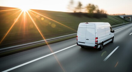 Naklejka premium White van driving on highway during sunset with lens flare on empty road