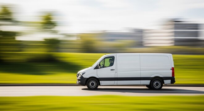 White delivery van speeding on road with blurred green landscape background