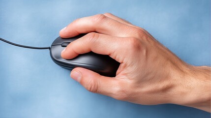 Close-up of a male hand using a black computer mouse on a soft blue background to show technology and internet use by young people today