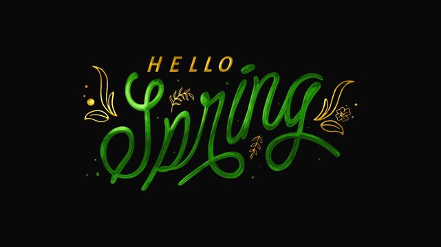 Elegant and vibrant design with hello spring in green and gold text animation on transparent background. Ideal for springthemed invitations, cards, and posters.