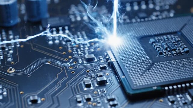 Close up of advanced computer microchip circuit board with electronic components and glowing connection points
