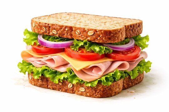 A semi-realistic 3D sandwich with thick brown bread slices layered with curly lettuce, tomato slices, onion rings, and deli filling. With vibrant natural colors, textured bread crust