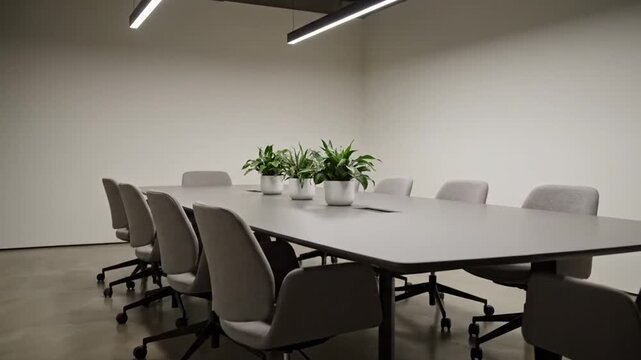 Modern conference room with a large table and chairs, suitable for business meetings and corporate events