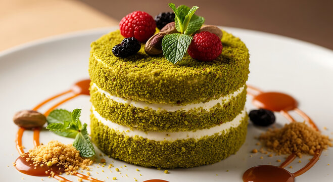 Tiramis&uacute; de pistacho con mascarpone y sirope de caramelo