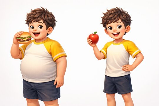 Side-by-side comparison of overweight boy holding burger and slim healthy version holding apple, transformation concept, neutral background, clear body contrast, 3D semi-realistic style