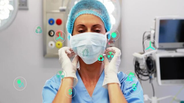 Surgeon raising hands to secure mask straps, adjusting gloves, causing floating icons for procedure
