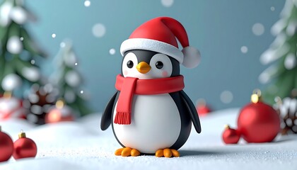 Adorable cartoon penguin with festive red hat and scarf, standing in snowy landscape, surrounded by pine trees and ornaments