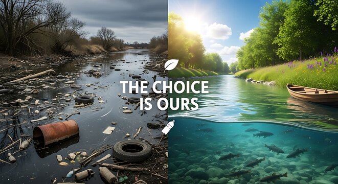 Polluted and clean river comparison with trash and nature the choice is ours environmental concept