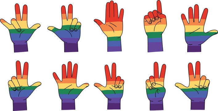 Rainbow colored hands making various finger gestures on white background