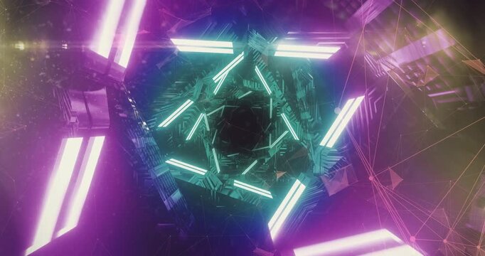 Camera starting gliding tunnel rotating open teal rods coiling purple bars lining void showing gate