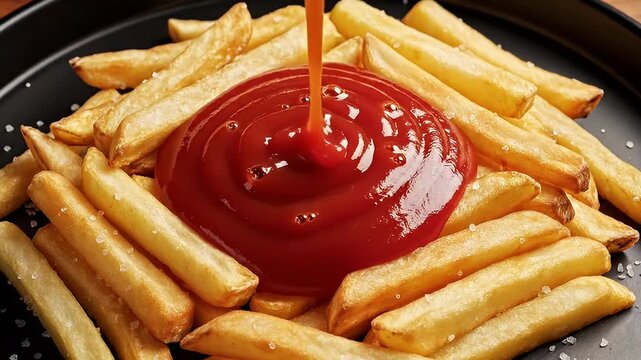 Ketchup Being Poured on French Fries.