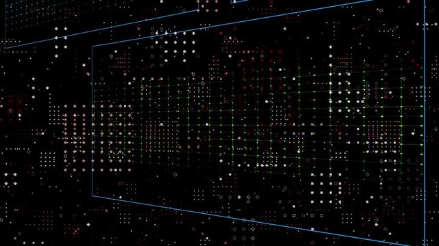 Pan starting neon wave panels floating sliding, animating blue green pink traces showing data